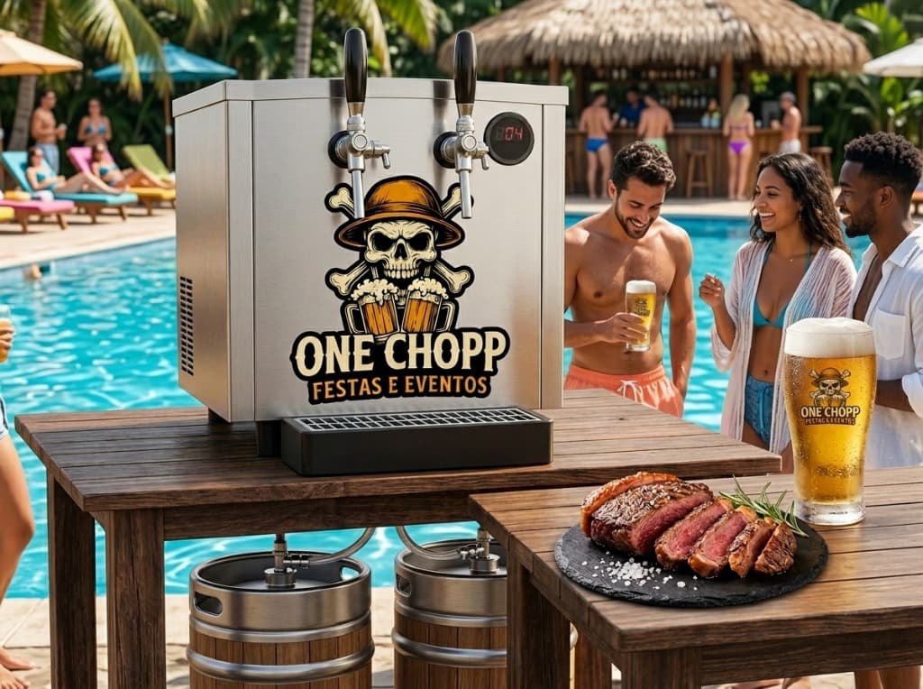 Choperia One Chopp Premium instalada ao lado da piscina com carne assada