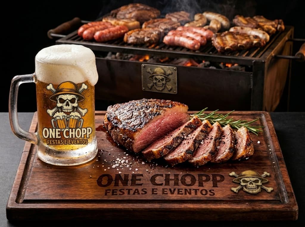 Copo de chopp artesanal gelado ao lado de um corte suculento de carne de churrasco